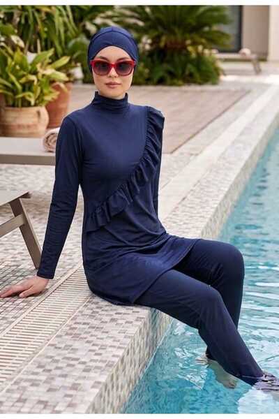 SUERTO Dark Blue Long Sleeve Ruffled Knitted Stretchy Pants Hijab Swimsuit Set