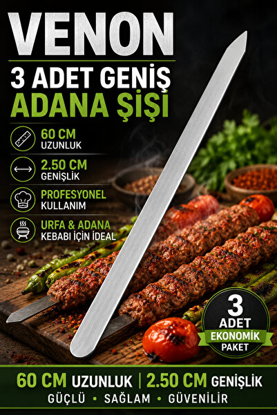 VENON 3 Adet Geniş Adana || 60 Cm || Adana Urfa Kebap Kıyma Yassı Şiş Metal Ş...