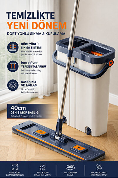 ADEFCO Dört Yönlü Sıkmalı Temizlik Mop Seti