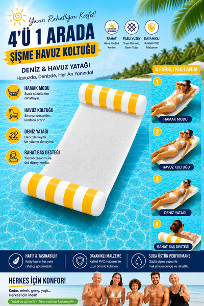 BigsToy Hava Yastıklı Fileli Şişme Havuz Koltuğu 4'ü 1 Arada Deniz ve Havuz Y...