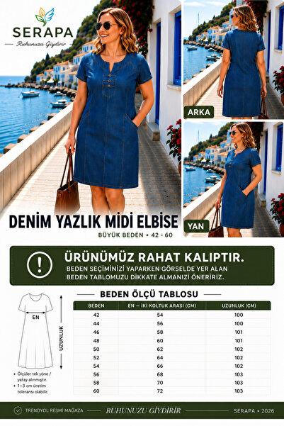 SERAPA Kadın Kot Elbise Kısa Kollu Cepli Günlük Denim Elbise Rahat Kesim Yazl...