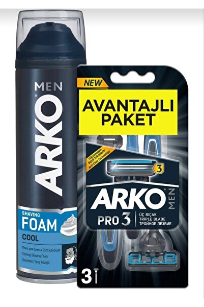 ARKO Men Erkek Bakim Seti Cool Tıraş Köpüğü + Traş Bıçağı Pro 3 Bıçak