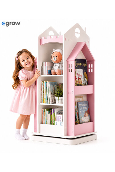 eGROW Biblioteca rotativa pentru carti eGROW®, 8 polite, model castel, lemn/P...