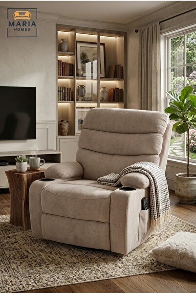 MARIA HOMES Beige Recliner Chair Comfortable Swivel and Reclining Armchair fo...