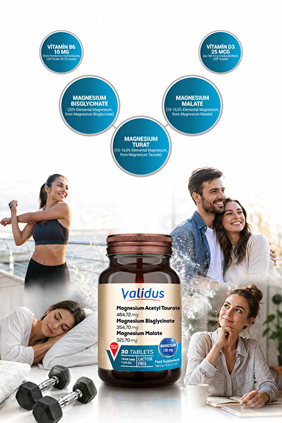 Validus Magnezyum Complex Bisglycinate Taurat Malat Vitamin B6 Vitamin D3 1000 Ünite 30 Tablets