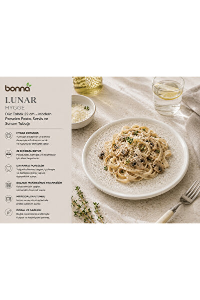 Bonnami Bonna Lunar Beyaz Hygge Düz Tabak 22 cm - Modern Porselen Pasta, Serv...