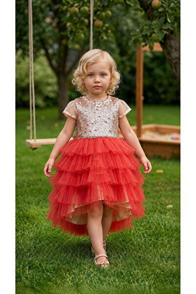 Lindissima Girl's Lycra Tulle Sleeves Short Front Long Back Evening Dress Bir...