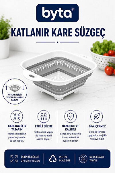 BYTA Foldable Square Silicone Kitchen Strainer |   Vegetable, Fruit, and Past...