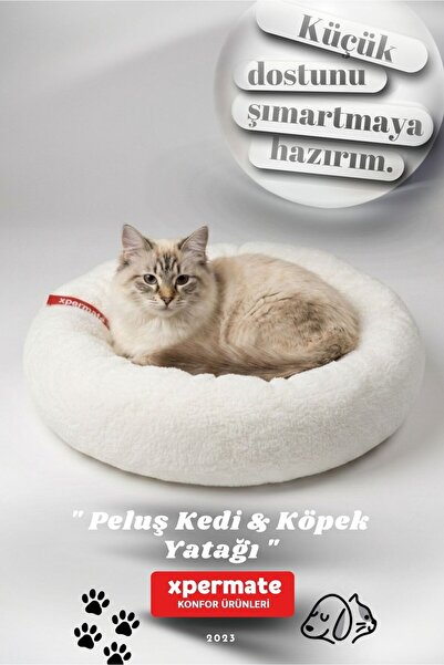 XPERMATE Peluş Yumuşak Kedi Yatağı - Köpek Yatağı Minder Tüysüz Beyaz