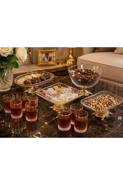 ASSA BAZAAR 28 Piece Glass Serving Set and Cup Set with Gold Feet, Dowry Box,...