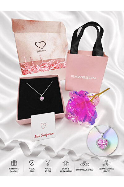RAWEZON Pink Love Set- Çantalı Kutulu Konsept Çelik Pembe Kalp Kolye ve Pembe...