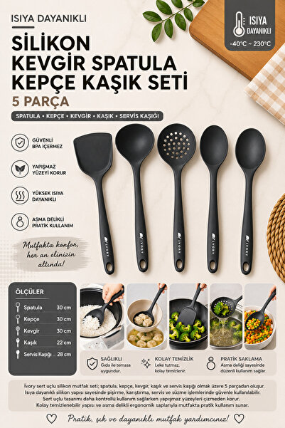 Perağ Ivory Hard Tip Heat Resistant Silicone Colander Spatula Spoon Set 5 Pie...