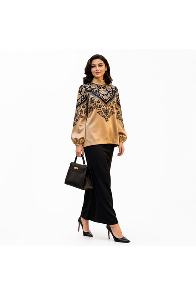 Muslima Wear بلوزة جولد بلاك ليف منقوش جاسمين