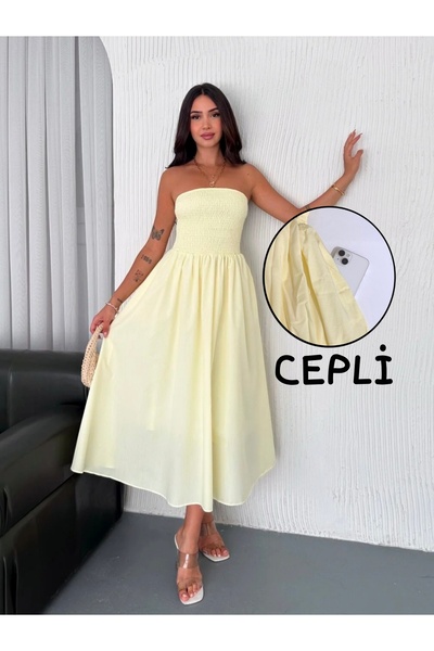 NAVO STUDIO Kadın Straplez Gipeli Beyaz Midi Elbise Yazlık Rahat Kesim Cepli ...