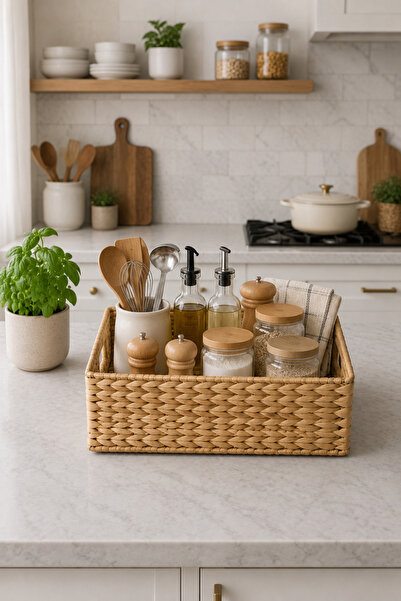 KaiHome Hasır Dikdörtgen Su Sümbülü 35x25x15 cm Çok Amaçlı Düzenleyici/Sepet/...