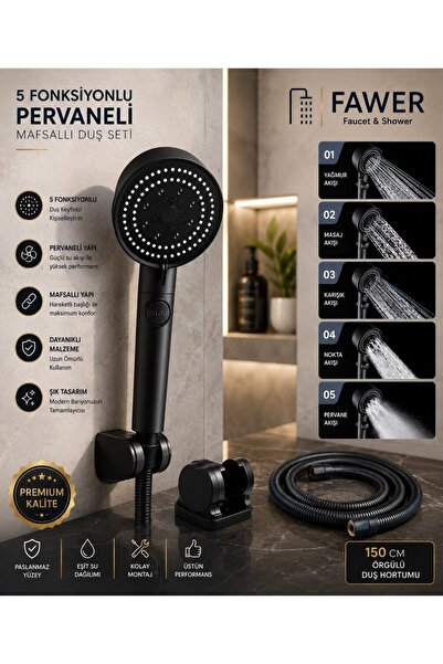 FAWER Faucet & Shower 5 Fonksiyonlu Turbo Pervaneli Örgülü Hortumlu Mafsallı ...