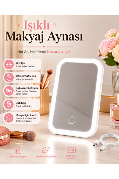 PareysHome LED Işıklı Makyaj Aynası Dokunmatik Tuşlu USB Şarjlı Kablosuz Ayna