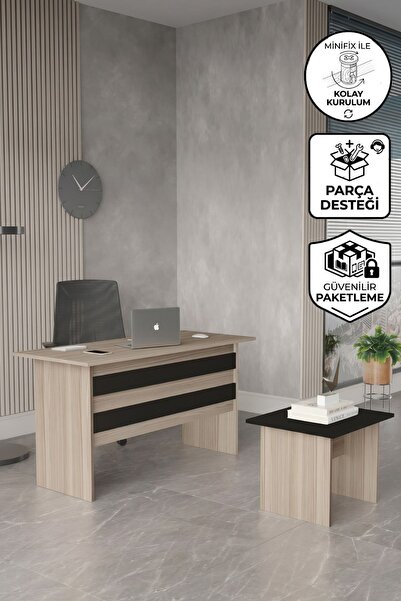Yurupa Bega AB Ofis Masası Sehpa 2'li Ofis Büro Masa Takımı 3 Renk Meşe-Siyah...