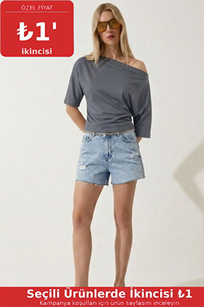 COMBİNE MİCHAİL Tricou de damă cu mânecă scurtă, fără umăr, afumat, mulat