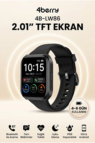4 Berry 4B-LW86 Akıllı Saat 2.01” TFT Ekran Bluetooth Arama Özellikli IP68 Su...