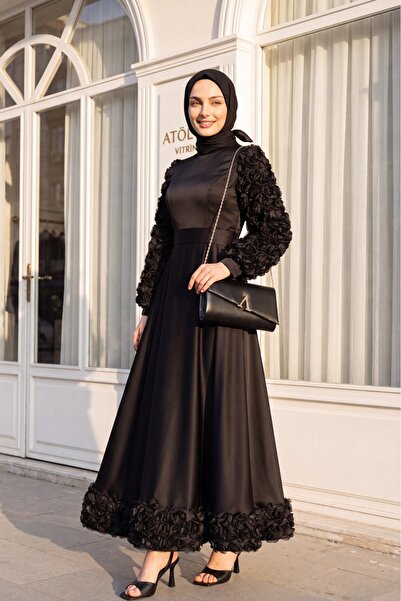 Modamorfo Satin Evening Dress with Rose Detail on Skirt and Sleeves - Black