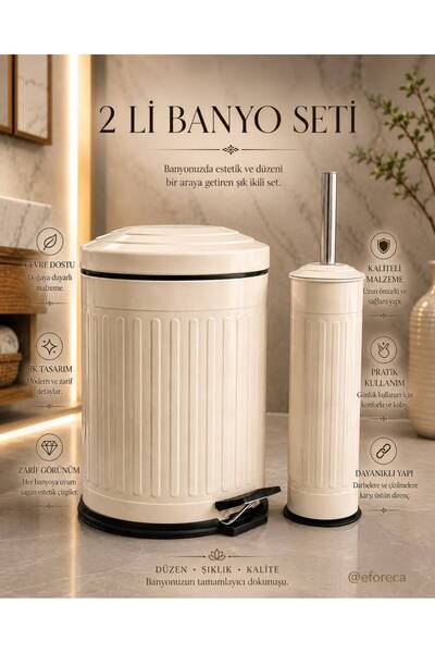 Eforeca Vintage 2 Li Çöp Kovası Banyo Seti Çizgili Krem