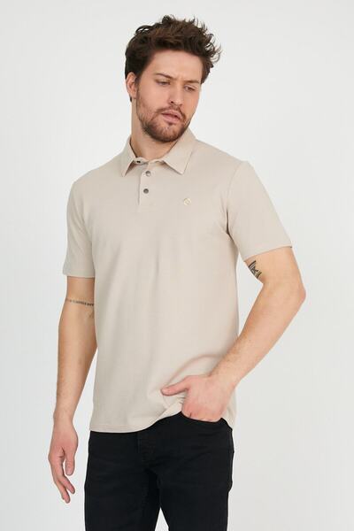 ENQUE Tricou de bază pentru bărbați, cu gât polo, uni, confort, bej
