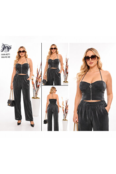 JERFİ Women's Plus Size Bustier Shiny Two-Piece Set