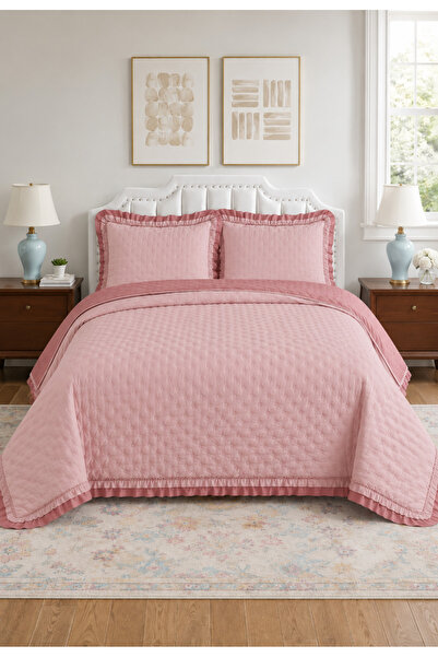 LALHOME طقم غطاء سرير مزدوج لارا 240x260 سم - مع كشكشة و2 وسادة 100% بوليستر ...