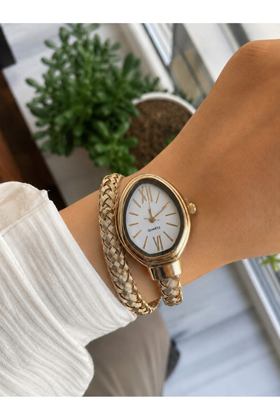 Yegane Kadın Gold Renk Yılan Model Spiral Bilezikli Şık Tasarım Kol Saati