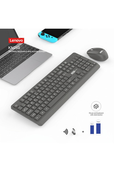 LENOVO KN260 Sessiz Kablosuz Klavye Mouse Set Koyu Gri Q Türkçe Piller Dahil ...