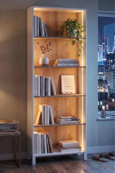 Yurudesign Yoda 5 Raflı Led Işıklı Kitaplık Ahşap Ayaklı Sepet-Beyaz 183cm YD...