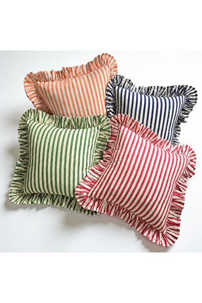 Mirilliahome 4’lü Fırfırlı Çizgili Keten Kırlent Kılıfı Seti – 43x43 cm Dekor...