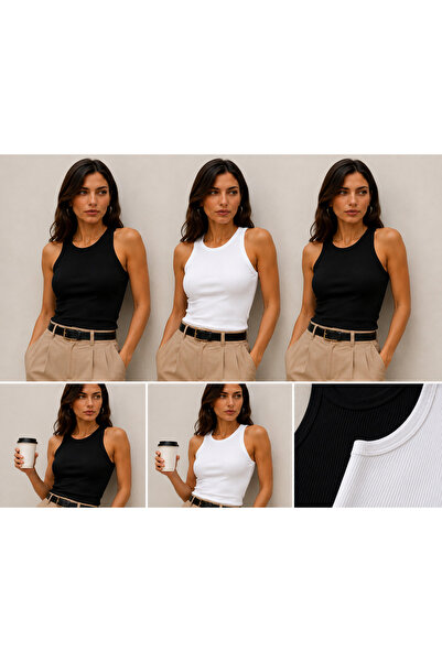 GÖZDE GİYİM Kadın 3’lü Paket Halter Yaka Fitilli Likralı Atlet Crop