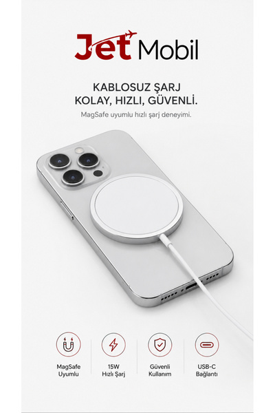 Jetmobil MagSafe Manyetik Kablosuz Şarj Cihazı iPhone Uyumlu 15W Şarj Aleti