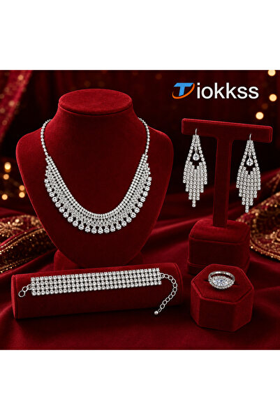Tiokkss 5pcs Rhinestone Jewelry Set for Women, Crystal Necklace Earrings Brac...