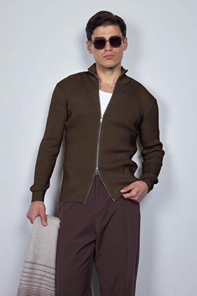 ablukaonline Men's Slim Fit Mock Neck Zippered Cardigan Brown