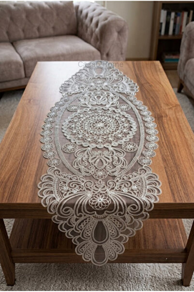 cacao home Fransız Dantelli Örme Tabanlı Tek Runner Masa Örtüsü 35x110 Cm Mas...