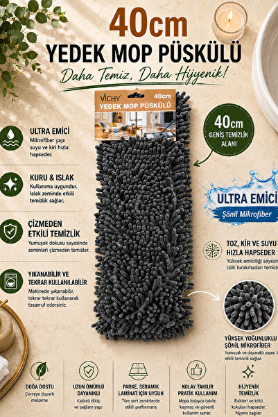 VICHY Yedek Mop Püskülü 40 Cm Şönil Mikrofiber Mop Başlığı Ultra Emici Yıkana...