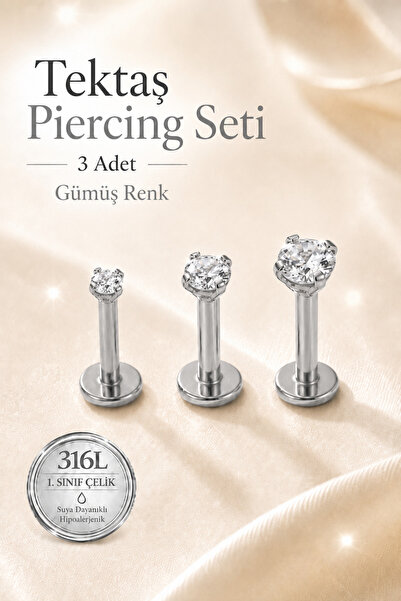 moonzy - minimalist & cozy 3’lü Tektaş Piercing Seti 316L Çelik Zirkon Taşlı ...