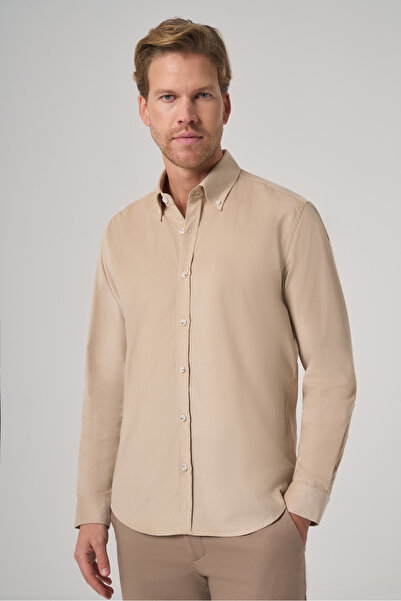 Morven Men's Beige Cotton Trend Dynamic Fit Button Collar Shirt