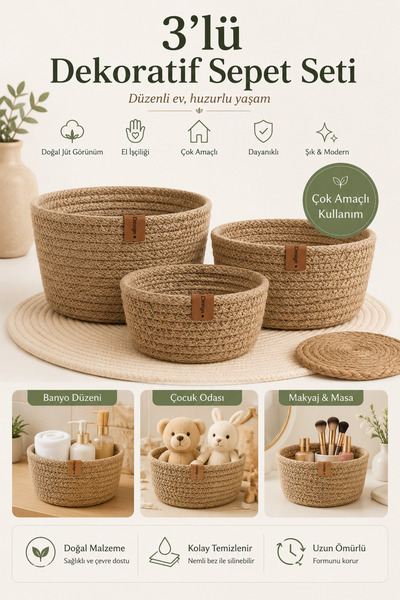 Fabrix Home 3-Piece Round Decorative Cotton Basket Set Jute Color Multi-Purpo...