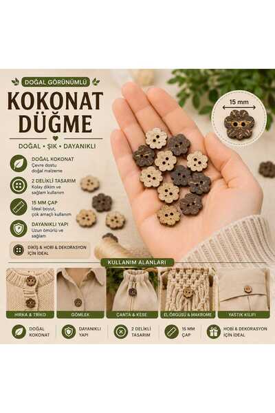 İMREN AKSESUAR Doğal Ahsap Çiçek Kokonat Düğme 1,5 Cm 1 Paket 10 Adet