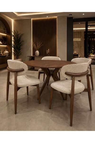 larissa design 4 KİŞİLİK MASA SANDALYE TAKIMI 120ÇAP MASA AHŞAP (RENK KOYU CE...