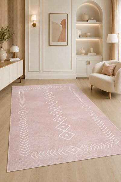 Serente Home İskandinav Desenli Yıkanabilir Kaymaz Taban Şönil Açık Pudra Mut...