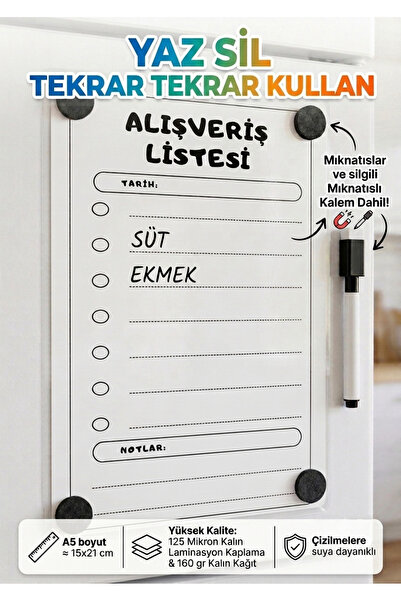 URDE Yaz Sil Alışveriş Listesi Magnet-A5-Mıknatıslı Planlayıcı Pano-Alışveriş...