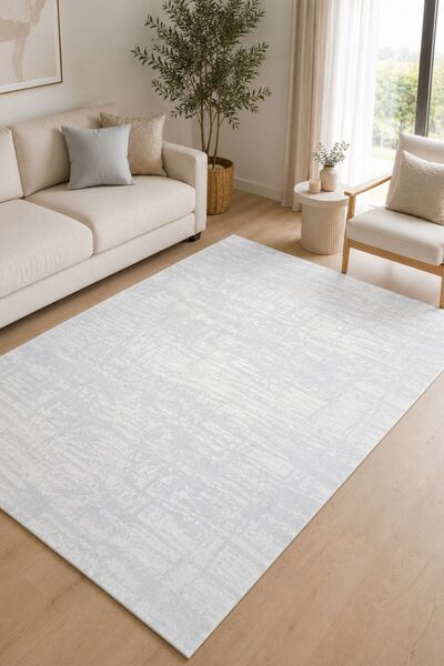 Serente Home Otantik Desenli Yıkanabilir Kaymaz Taban Şönil Beyaz Gri Salon H...