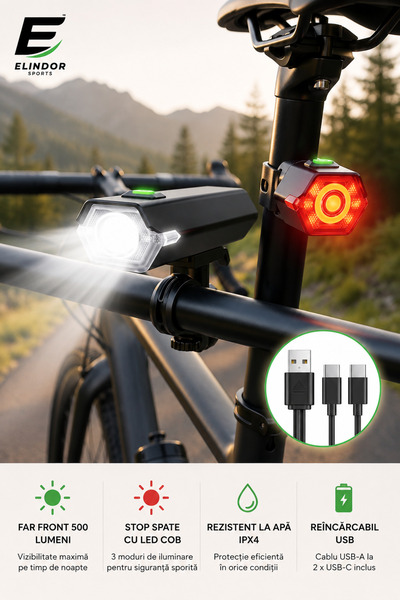 Elindor Set de lumini pentru bicicletă Elindor ® Far frontal și stop LED spat...