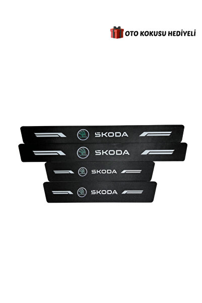 Autowise Skoda Logolu Karbon Kapı Eşiği Koruyucu Bant Folyo 4'lü Set