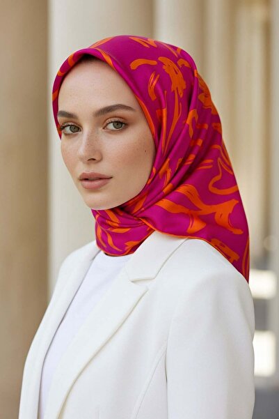 Vissona وشاح فوشيا كبير بنمط زهور 100% حرير - برتقالي مقاس 90x90 شكل زراعة: خ...